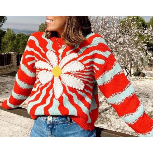 Zara Sweaters - Zara Red Mint Green Daisy Sunburst Jacquard Knit Cropped Sweater Small